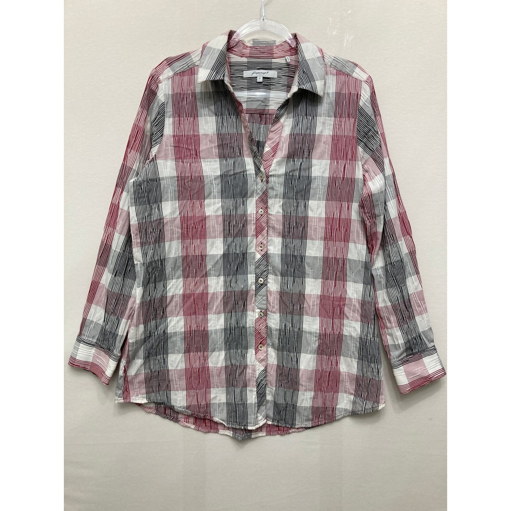 Foxcroft Button Down size 16 Red Black Plaid Crinkle Stretch Long Sleeve Shirt